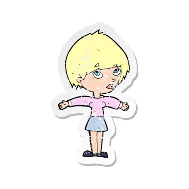 Retro sıkıntılı çıkartma olan bir çizgi film kadın kolları açın