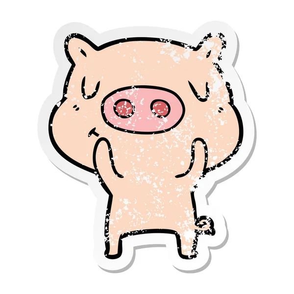 Distressed Sticker Cartoon Content Pig — Stock Vector