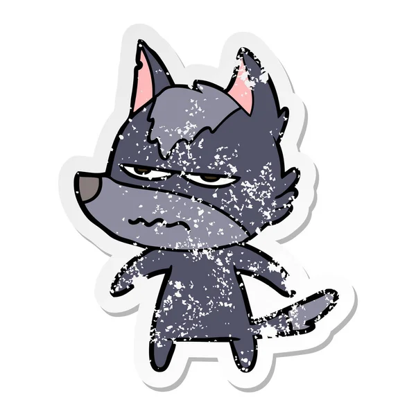 Distressed Sticker Cartoon Annoyed Wolf — Stock Vector