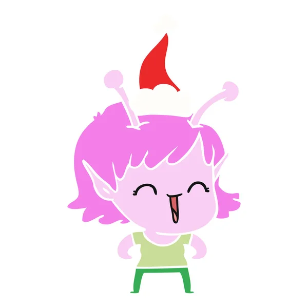 Ilustración a color plano de una chica alienígena riendo vistiendo santa h — Vector de stock