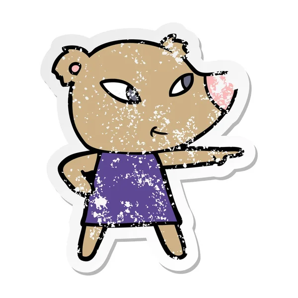 Distressed Sticker Cute Cartoon Bear Dress — Stock Vector
