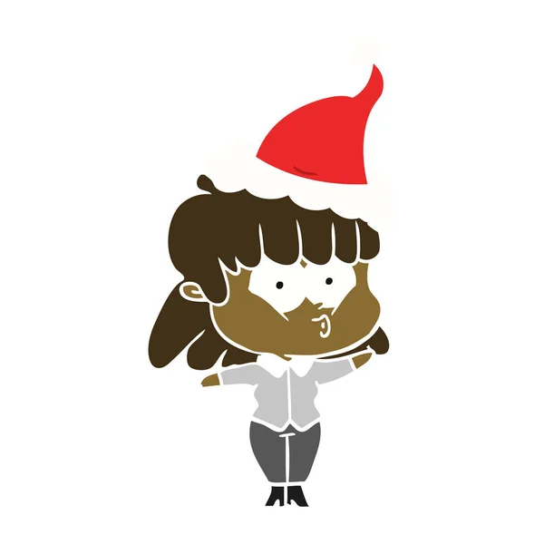 Illustration en couleur plate d'une fille sifflante portant un chapeau de Père Noël — Image vectorielle