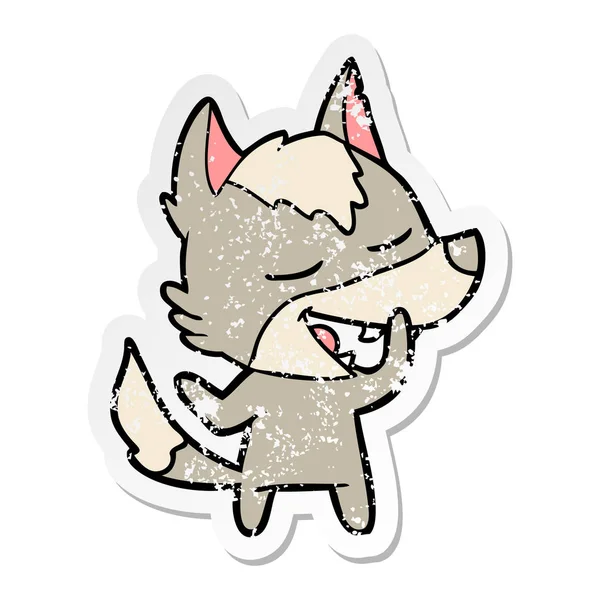 Verontruste Sticker Van Een Cartoon Wolf Lachen — Stockvector