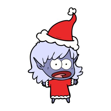 Noel Baba şapkası giyen bir şok elf kız çizgi çizme