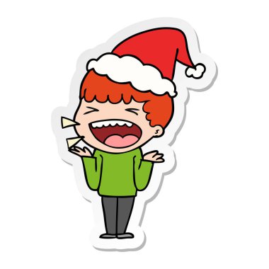 etiket karikatür Noel Baba şapkası giyen bir gülen adam el çekilmiş