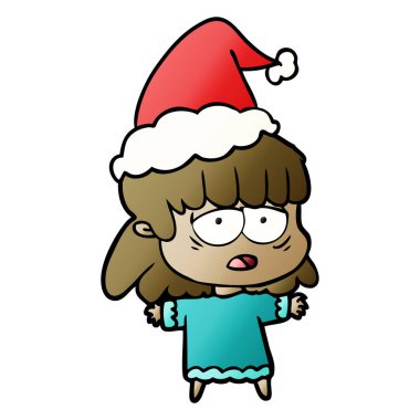 Noel Baba şapkası giyen yorgun bir kadının degrade çizgi film el çekilmiş