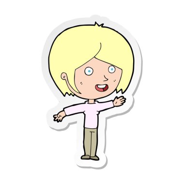 etiket sallayarak bir karikatür mutlu kız