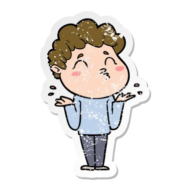 bir çizgi film adamın shrugging sıkıntılı etiket