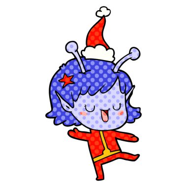 giyen Noel Baba şapkası mutlu uzaylı kız elle çizilmiş çizgi roman tarzı gösteren resim