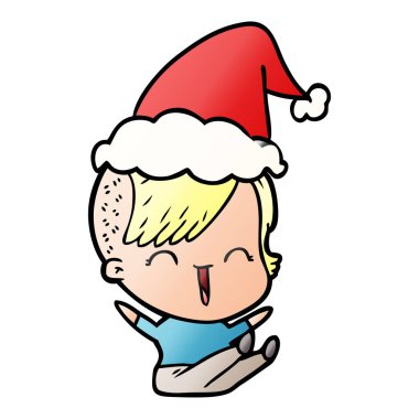 Noel Baba şapkası giyen bir mutlu hippi kız degrade çizgi film el çekilmiş