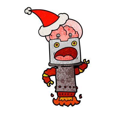 Noel Baba şapkası giyen bir robot dokulu çizgi film el çekilmiş