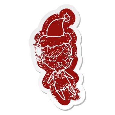 mutlu çizgi film etiketi santa şapka giymiş bir kızın sıkıntılı