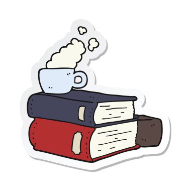 etiket bir karikatür kitap ve kahve fincanı