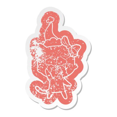 Noel Baba şapkası giyen bir kedinin ilginç karikatür sıkıntılı etiket