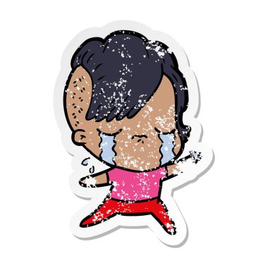 bir çizgi film ağlayan kızın sıkıntılı etiket