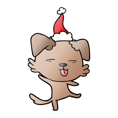 Santa şapka giyen bir dans köpek el çizilmiş degrade karikatür