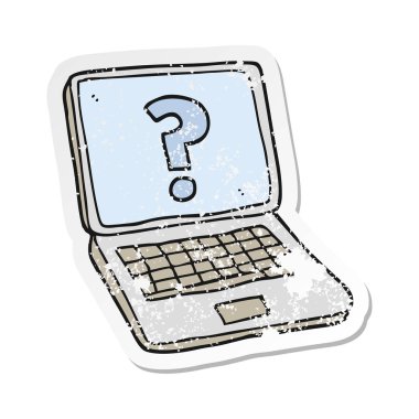 soru işareti karikatür dizüstü bilgisayarınızla Retro sıkıntılı etiket