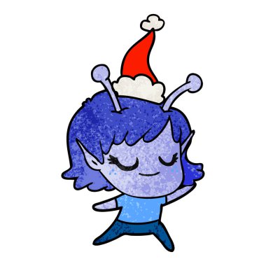 uzaylı kız elle çizilmiş gülümseyen dokulu giyen Noel Baba şapkası, çizgi film