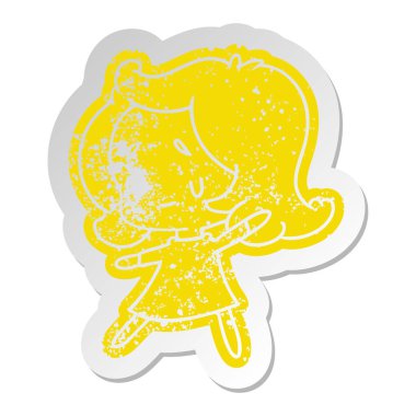 bir şirin kawaii kızın sıkıntılı eski çizgi film etiketi