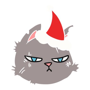 Noel Baba şapkası giyen bir zor kedi yüz düz renkli çizimi