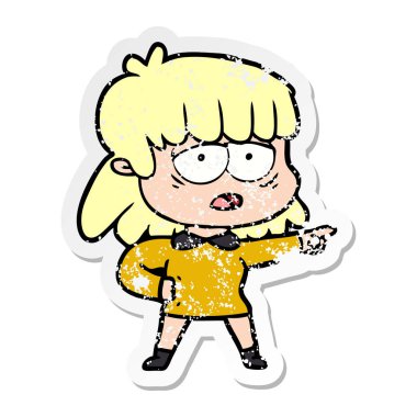 işaret eden bir çizgi film yorgun kadın sıkıntılı etiket