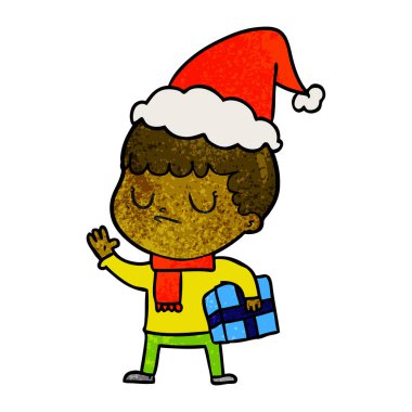 Noel Baba şapkası giyen bir huysuz çocuğun dokulu çizgi film el çekilmiş