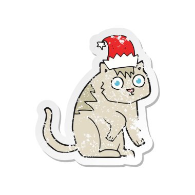 Retro etiket Noel şapka giymiş bir karikatür kedi sıkıntılı