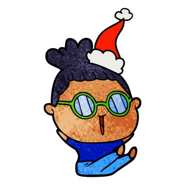 Noel Baba şapkası giyen gözlük takan bir kadının dokulu çizgi film el çekilmiş