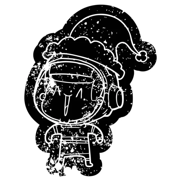 Schrullige Karikatur Verstörte Ikone Eines Astronauten Mit Weihnachtsmütze — Stockvektor