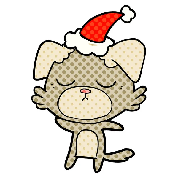 Niedlichen Handgezeichneten Comic Stil Illustration Eines Hundes Mit Weihnachtsmütze — Stockvektor