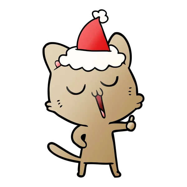 Desenho Animado Gradiente Desenhado Mão Gato Cantando Usando Chapéu Santa — Vetor de Stock