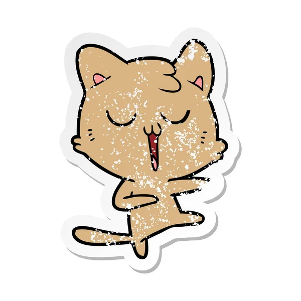 Nödställda Klistermärke Tecknad Katt Sjunger — Stock vektor