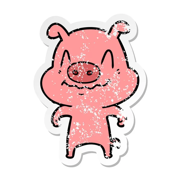 Distressed Sticker Nervous Cartoon Pig — Stock Vector