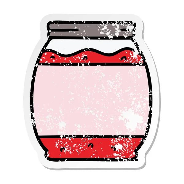 Verontruste sticker cartoon doodle van een aardbei jam — Stockvector