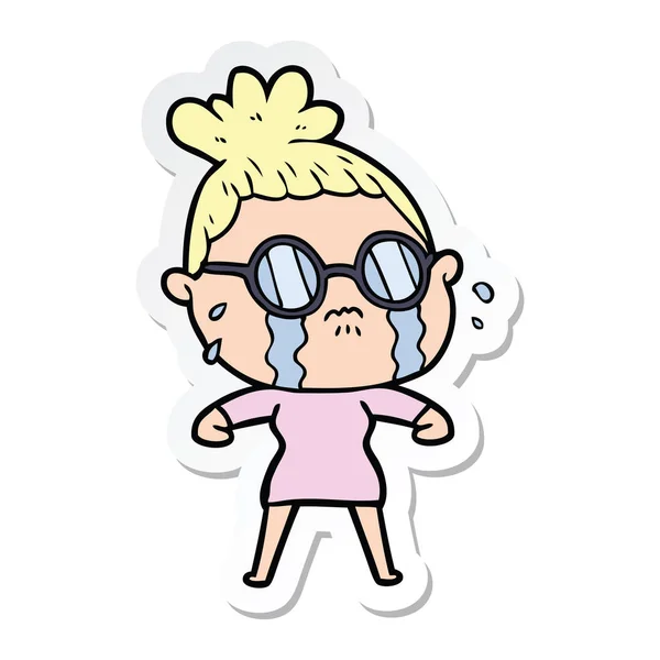 Sticker Cartoon Crying Woman Wearing Spectacles — Stock Vector