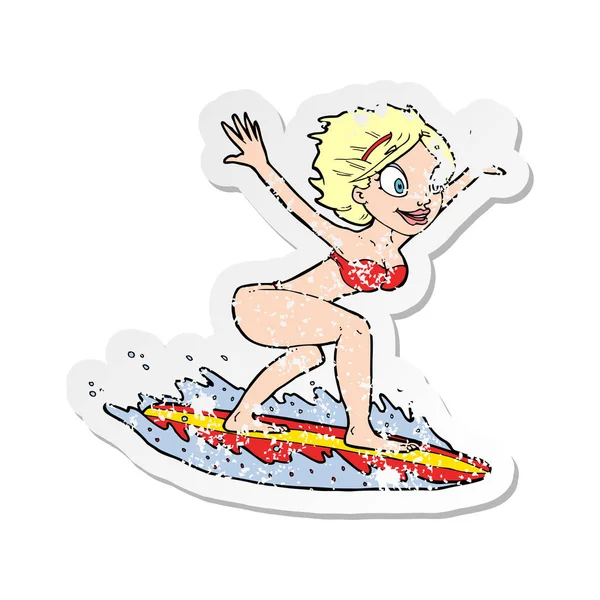 Retro Distressed Sticker Cartoon Surfer Girl — Stock Vector