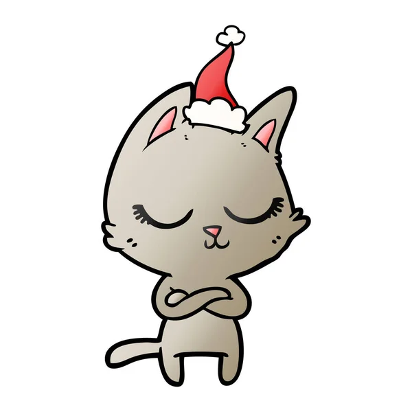 Dessin Animé Calme Dessiné Main Chat Portant Chapeau Père Noël — Image vectorielle