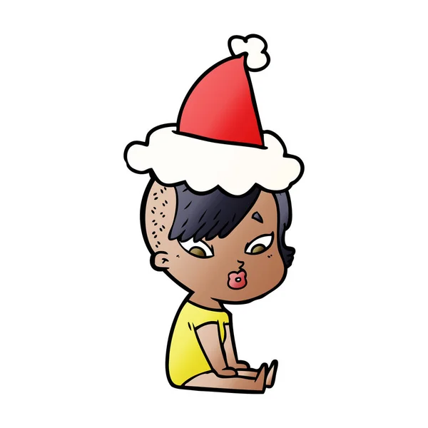 Handgezeichnete Gradienten Karikatur Eines Überraschten Mädchens Mit Weihnachtsmütze — Stockvektor