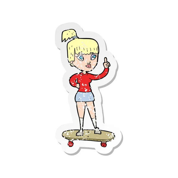 Retro angustiado adesivo de um desenho animado skater menina — Vetor de Stock