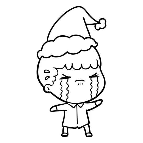 Handgezeichnete Linienzeichnung Eines Weinenden Mannes Mit Weihnachtsmütze — Stockvektor