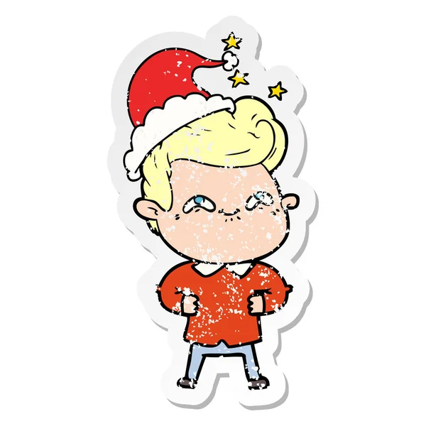 一个兴奋的人戴着圣诞老人帽子的苦恼贴纸漫画 — 图库矢量图片