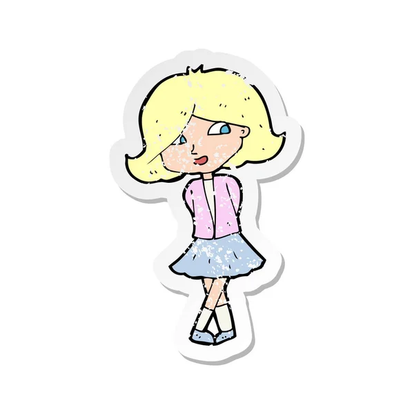 Retro Distressed Sticker Cartoon Happy Girl — Stock Vector