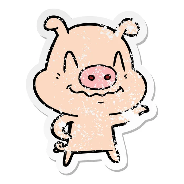 Distressed Sticker Nervous Cartoon Pig — Stock Vector