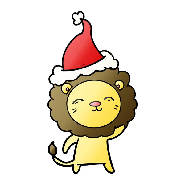 Hand Drawn Gradient Cartoon Lion Wearing Santa Hat — Stock Vector
