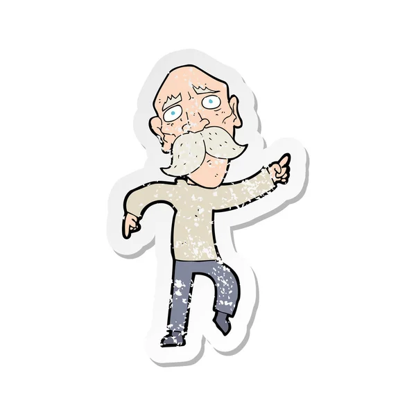 Autocollant de détresse rétro d'un dessin animé vieil homme triste pointant — Image vectorielle