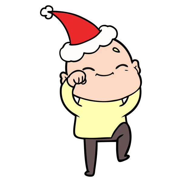 一个戴着圣诞老人帽的秃头男子的快乐手绘线画 — 图库矢量图片