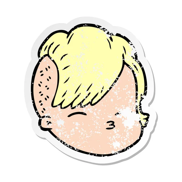 Distressed Sticker Cartoon Female Face — Stock Vector