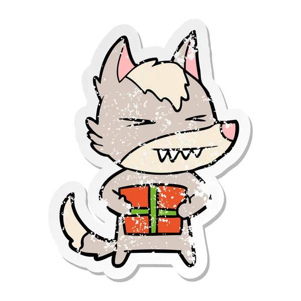 Distressed Sticker Angry Christmas Wolf Cartoon — Stock Vector