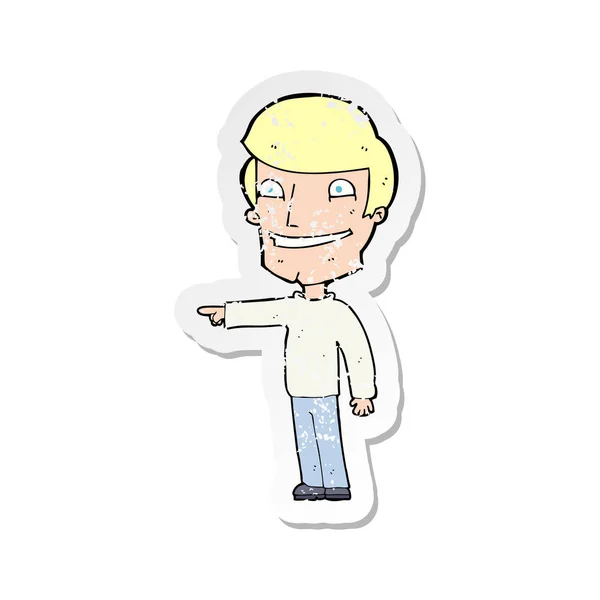 Retro Distressed Sticker Cartoon Happy Man Pointing — Stock Vector