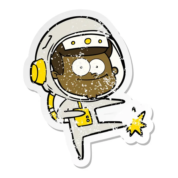 Distressed Sticker Happy Astronaut Cartoon — Stock Vector